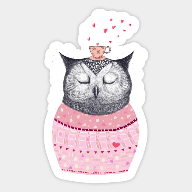 Owl with coffee Sticker by kodamorkovkart